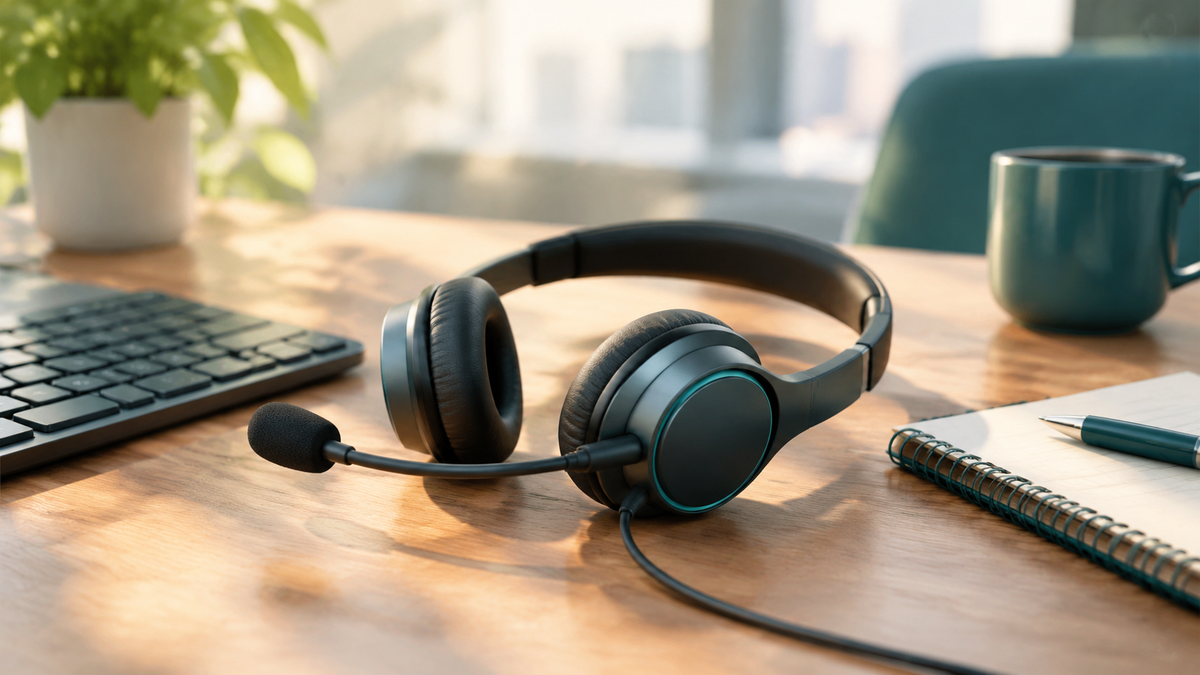 A customer support headset on a desk