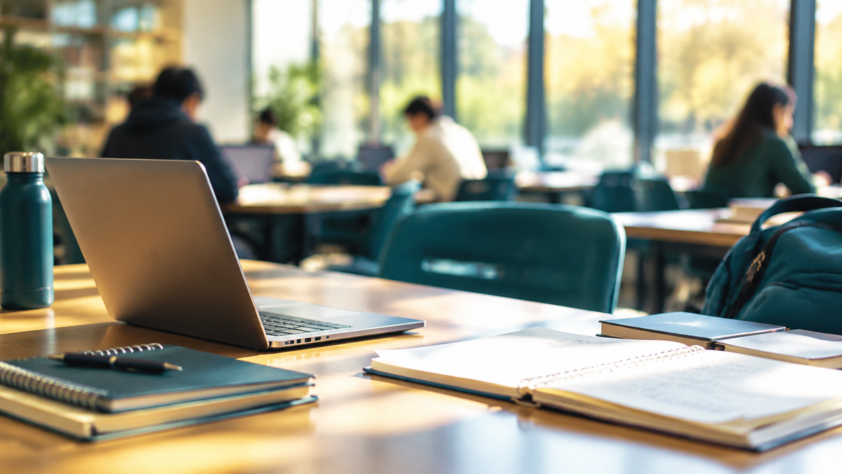 A bright classroom with laptops